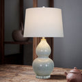 Traditional Chinese Ceramic & Crystal Gourd Base Round Fabric Shade 1-Light Table Lamp For Bedroom & Living Room