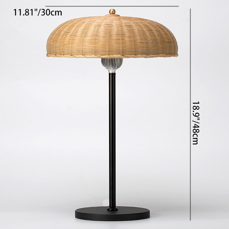 Modern Art Deco Iron & Bamboo Round Hat-Shaped LED Table Lamp For Bedroom