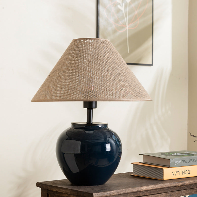 Contemporary Nordic Ceramic And Fabric Jar-Shaped 1-Light Table Lamp For Bedroom