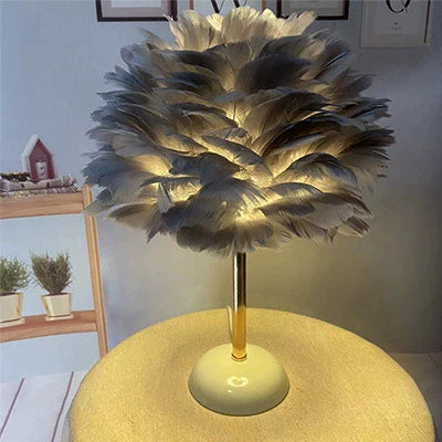 Contemporary Nordic Feather, Iron & Ceramic Round 1-Light Table Lamp For Bedroom And Living Room