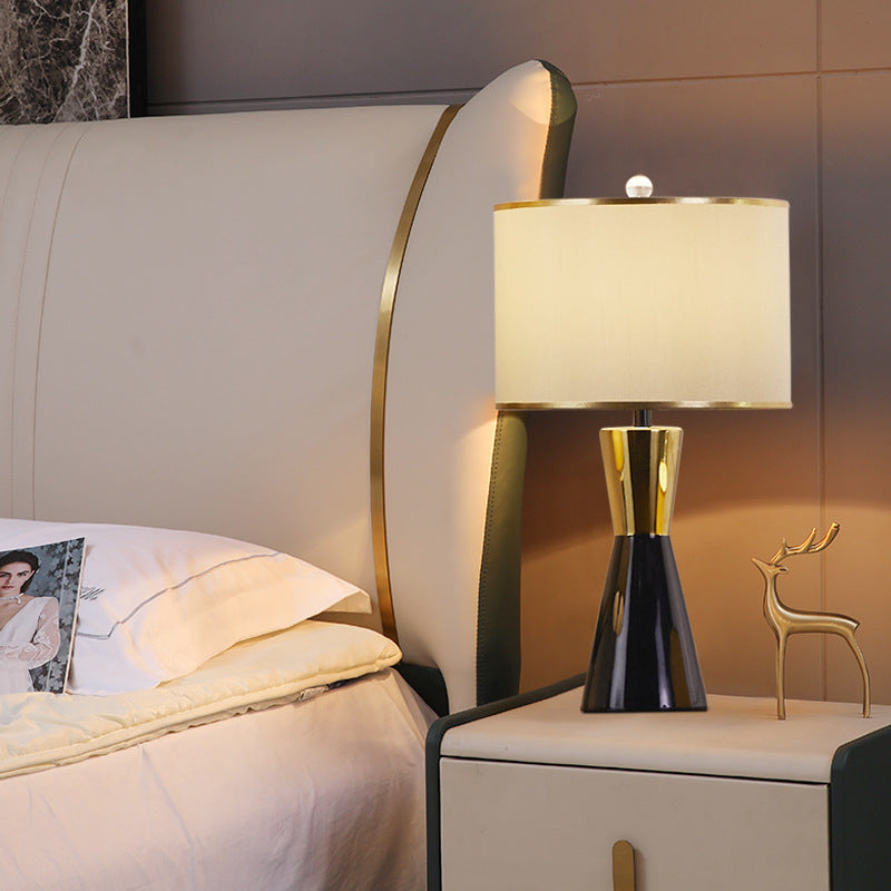 Contemporary Nordic Ceramic & Fabric Round 1-Light Table Lamp For Bedroom & Living Room