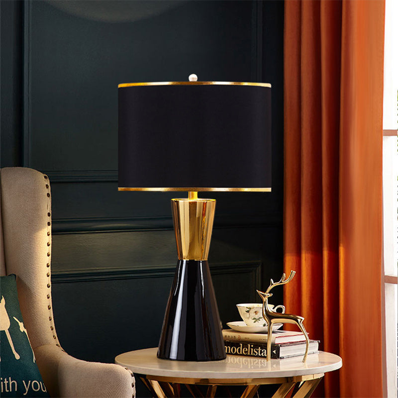 Contemporary Nordic Ceramic & Fabric Round 1-Light Table Lamp For Bedroom & Living Room