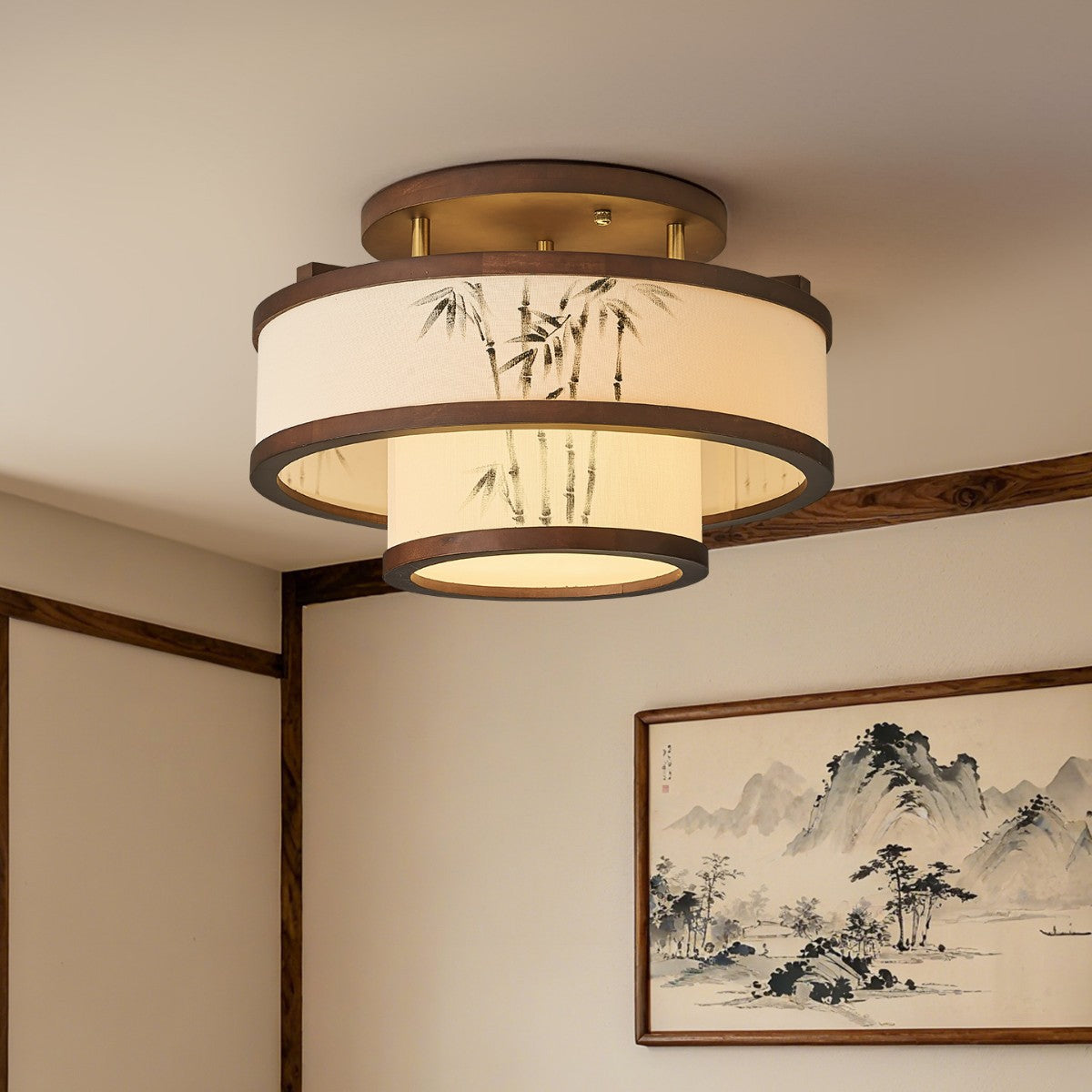 Rubberwood Cylindrical Semi-Flush Light 4/5