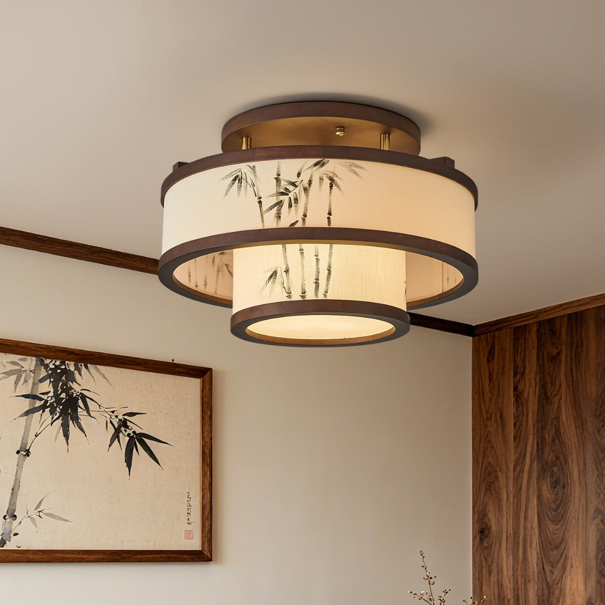 Rubberwood Cylindrical Semi-Flush Light 4/5