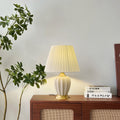 Traditional Chinese Fabric Ceramic Copper Pleated-Fan Round 1-Light Table Lamp For Bedroom & Living Room