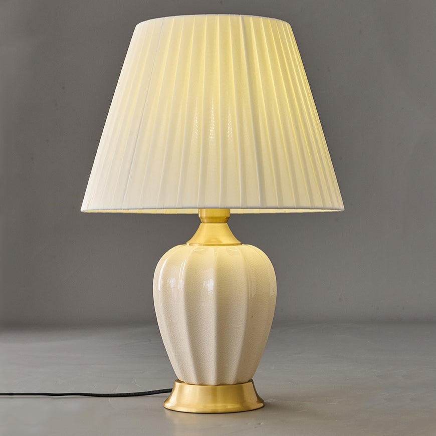Traditional Chinese Fabric Ceramic Copper Pleated-Fan Round 1-Light Table Lamp For Bedroom & Living Room