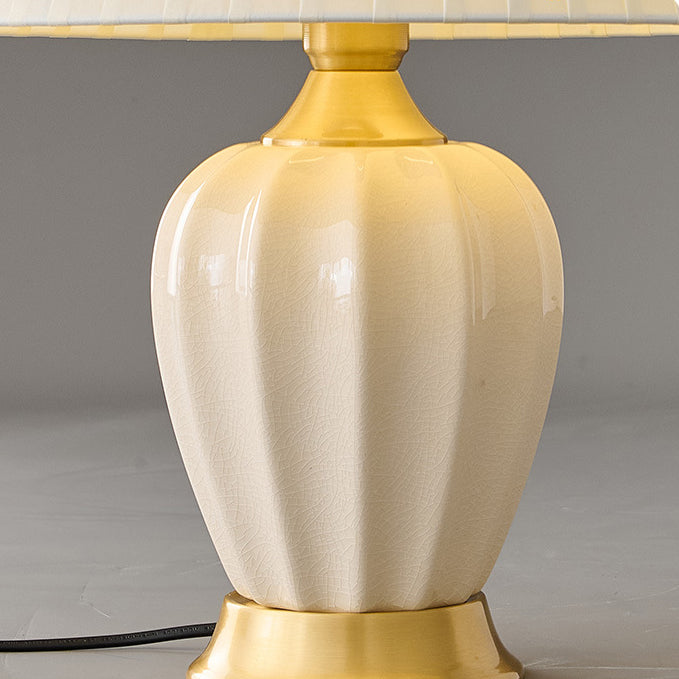 Traditional Chinese Fabric Ceramic Copper Pleated-Fan Round 1-Light Table Lamp For Bedroom & Living Room
