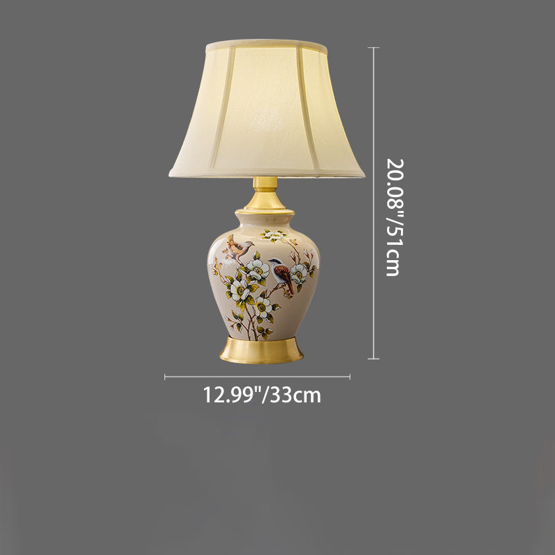 Traditional Chinese Fabric Ceramic Copper Pleated-Fan Round 1-Light Table Lamp For Bedroom & Living Room