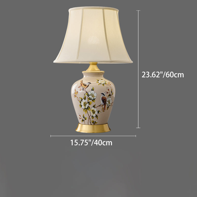 Traditional Chinese Fabric Ceramic Copper Pleated-Fan Round 1-Light Table Lamp For Bedroom & Living Room