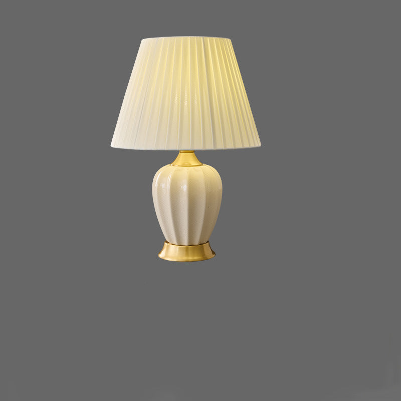 Traditional Chinese Fabric Ceramic Copper Pleated-Fan Round 1-Light Table Lamp For Bedroom & Living Room