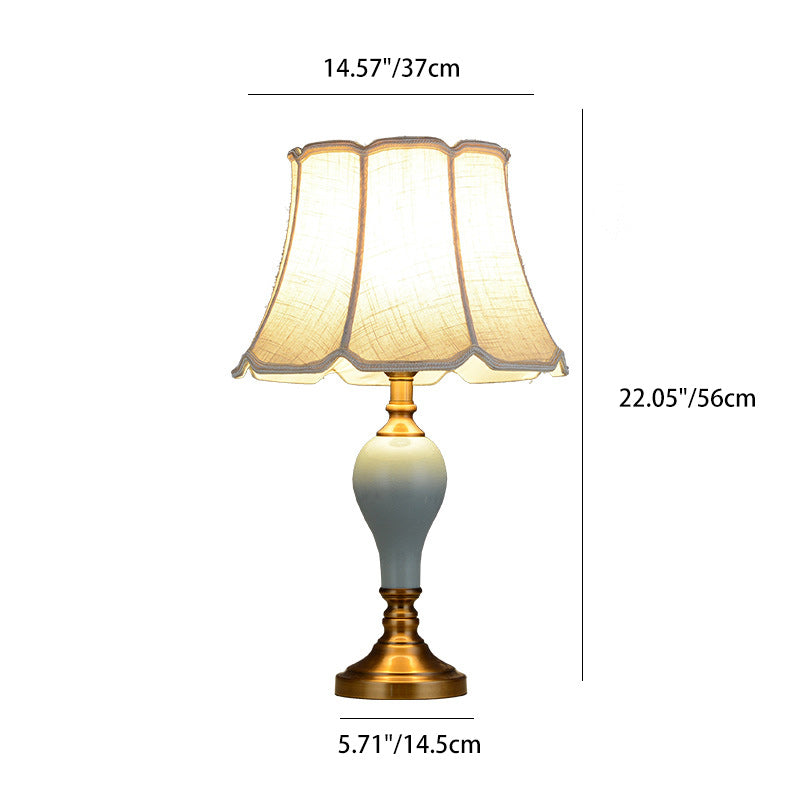 Traditional Chinese Brass Ceramic Fabric Round Fan-Shaped 1-Light Table Lamp For Bedroom
