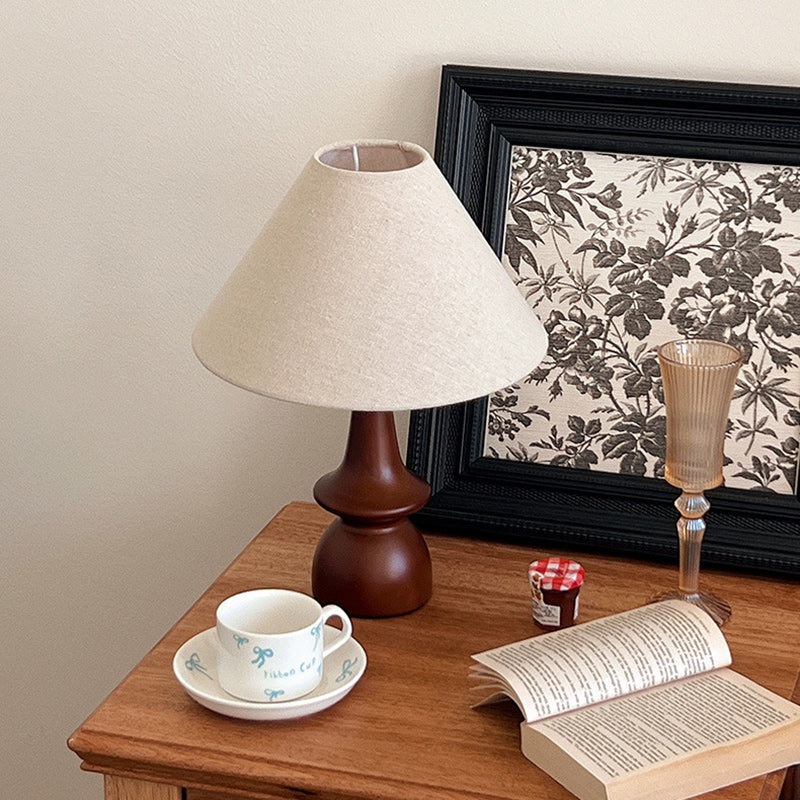 Traditional Vintage Linen Solid Wood Cone Umbrella 1-Light Table Lamp For Bedroom