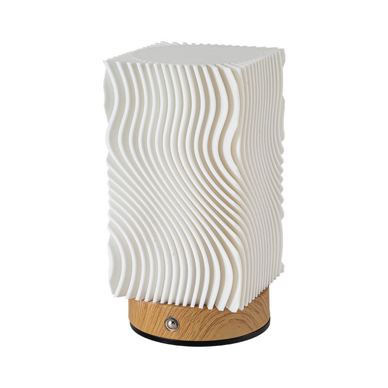 Contemporary Nordic Rechargeable Acrylic Wood Cylinder With Ripple Texture LED Table Lamp Night Light For Bedside