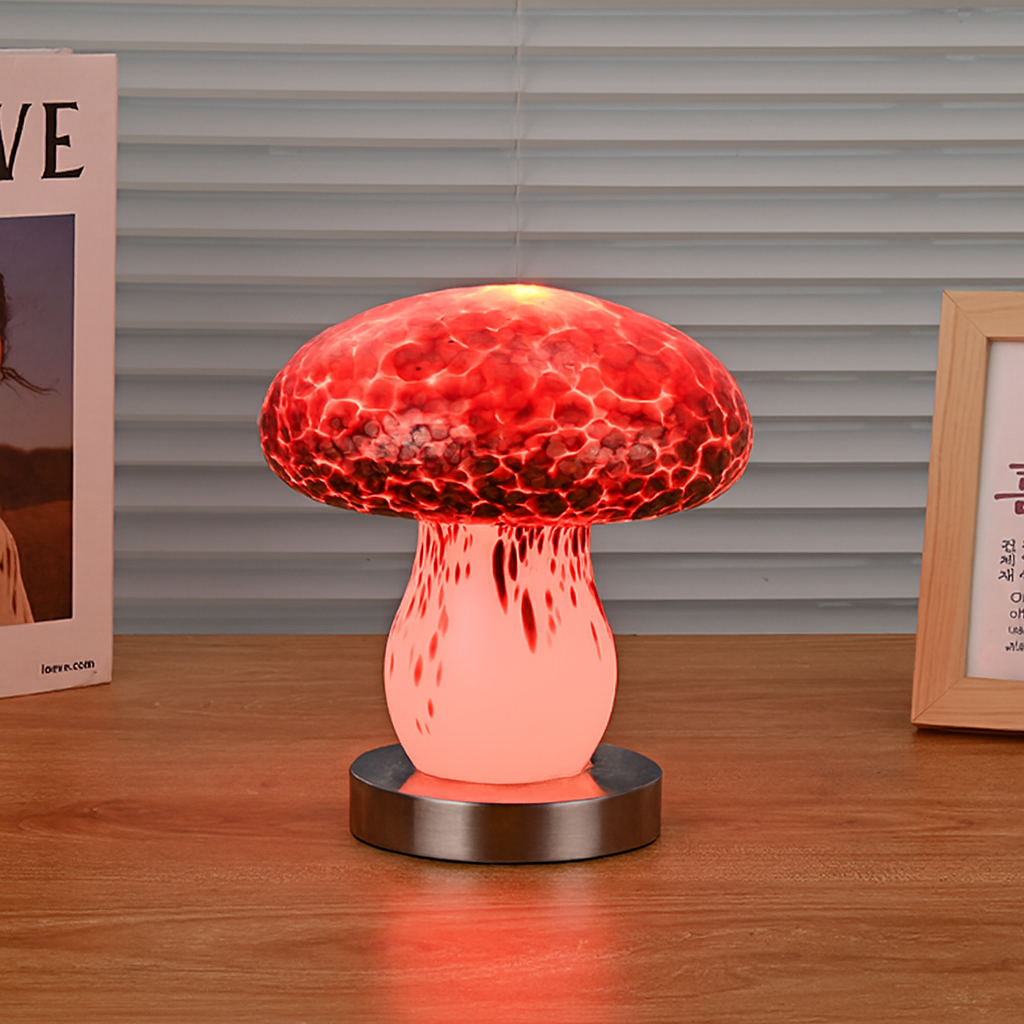 Modern Art Deco Rechargeable Glass & Wood Mushroom LED Table Lamp Night Light For Bedroom