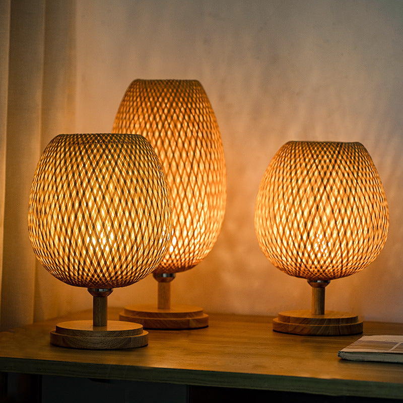 Traditional Japanese Weaving Bamboo Wood & Metal Oval 1-Light Table Lamp For Bedroom & Dining Room