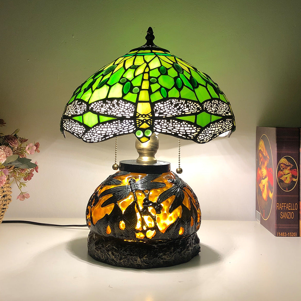 Traditional Tiffany Glass & Resin Dragonfly 3-Light Table Lamp For Living Room And Bedroom