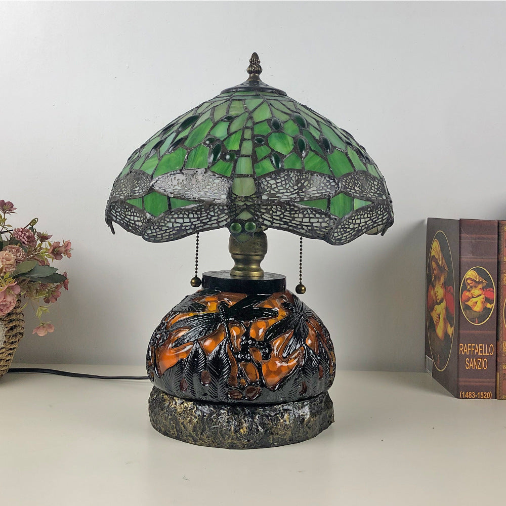Traditional Tiffany Glass & Resin Dragonfly 3-Light Table Lamp For Living Room And Bedroom