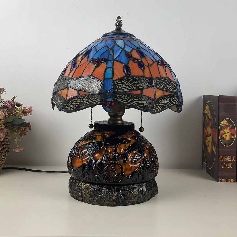 Traditional Tiffany Glass & Resin Dragonfly 3-Light Table Lamp For Living Room And Bedroom