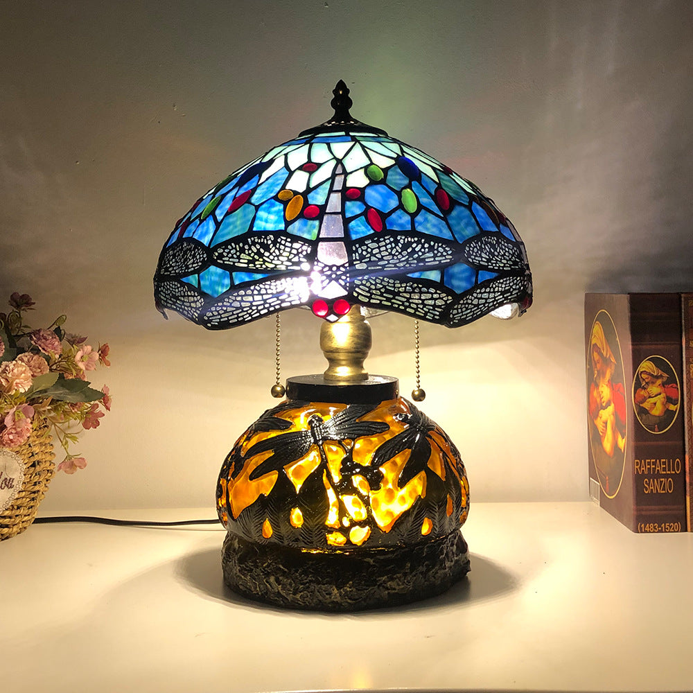 Traditional Tiffany Glass & Resin Dragonfly 3-Light Table Lamp For Living Room And Bedroom