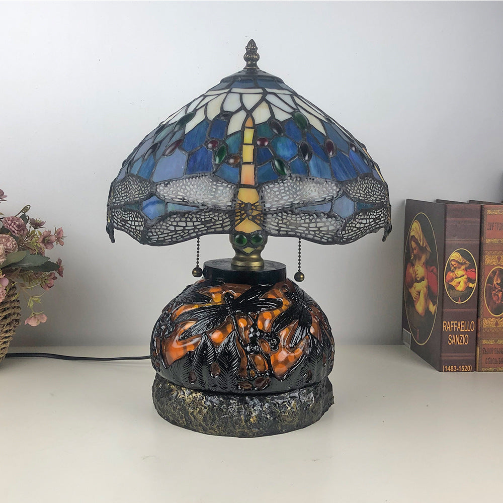 Traditional Tiffany Glass & Resin Dragonfly 3-Light Table Lamp For Living Room And Bedroom