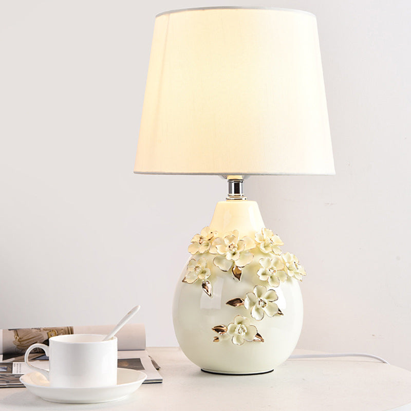 Contemporary Nordic Ceramic Fabric Floral Column 1-Light Table Lamp For Bedroom And Living Room