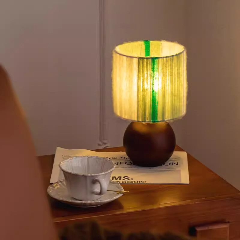 Traditional French Oak And Mohair Weaving Round Sphere Cylinder 1-Light Table Lamp For Bedroom