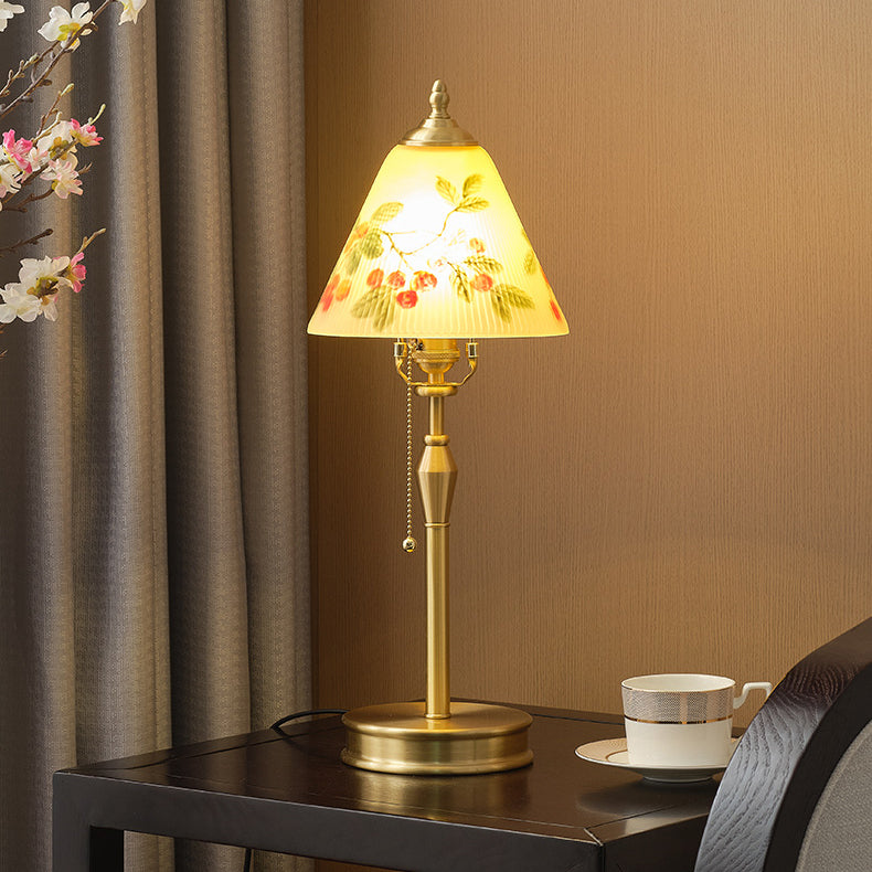 Traditional Chinese Brass & Glass Painted Cherry Cone 1-Light Table Lamp For Bedroom