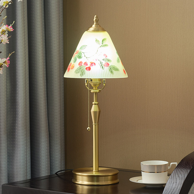 Traditional Chinese Brass & Glass Painted Cherry Cone 1-Light Table Lamp For Bedroom