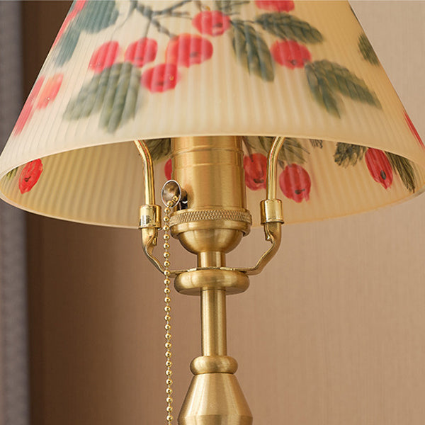 Traditional Chinese Brass & Glass Painted Cherry Cone 1-Light Table Lamp For Bedroom