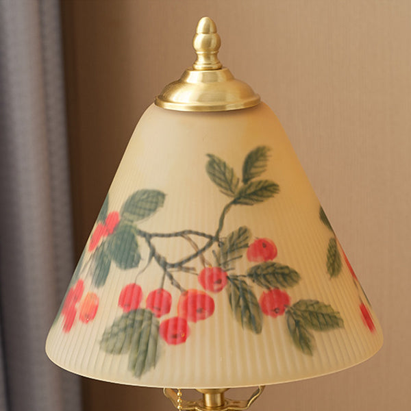 Traditional Chinese Brass & Glass Painted Cherry Cone 1-Light Table Lamp For Bedroom