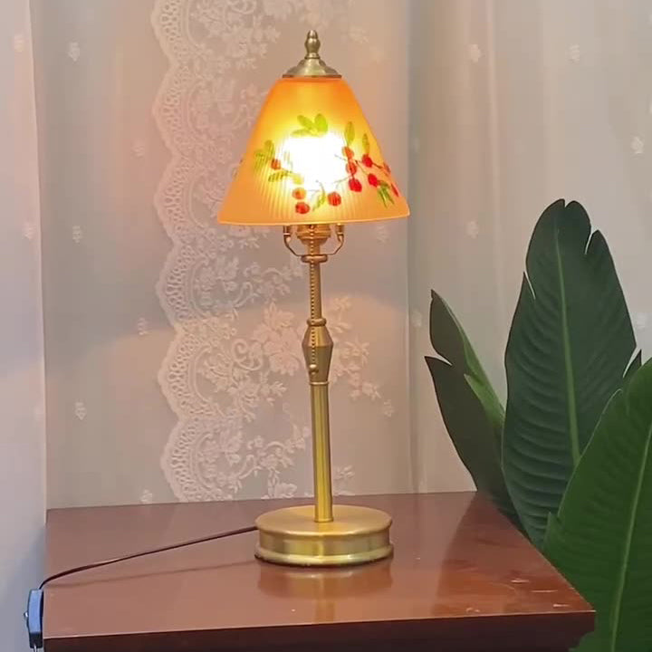 Traditional Chinese Brass & Glass Painted Cherry Cone 1-Light Table Lamp For Bedroom