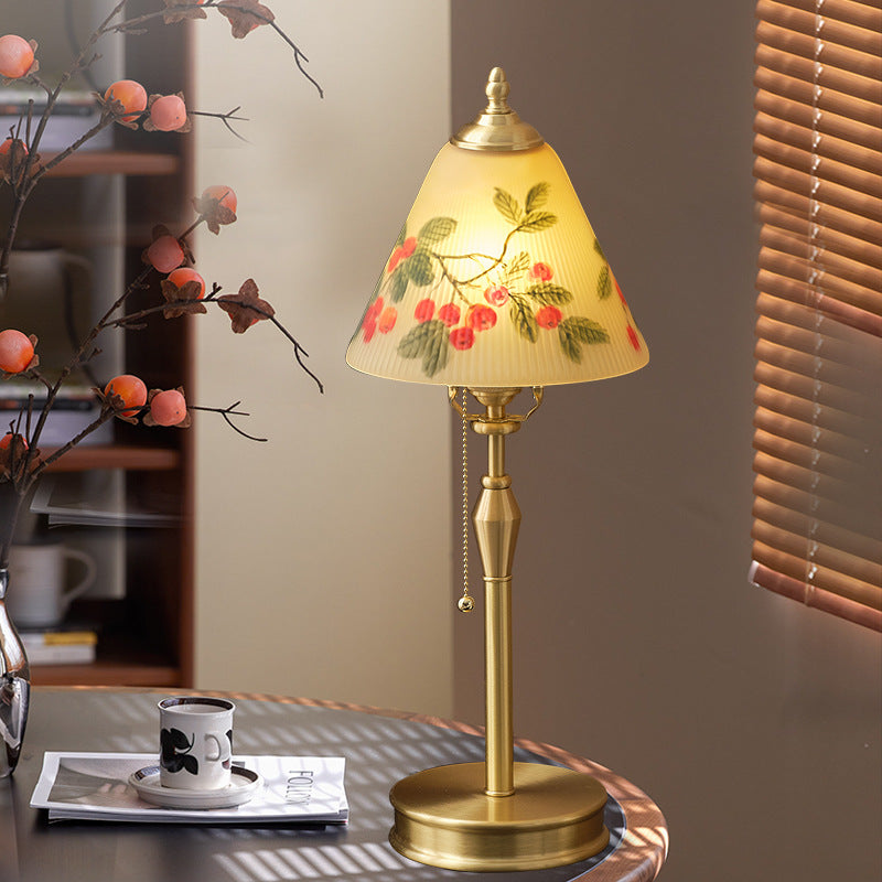 Traditional Chinese Brass & Glass Painted Cherry Cone 1-Light Table Lamp For Bedroom