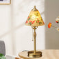 Traditional Chinese Brass & Glass Painted Cherry Cone 1-Light Table Lamp For Bedroom