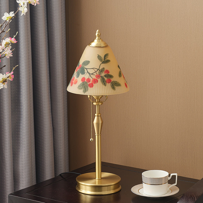 Traditional Chinese Brass & Glass Painted Cherry Cone 1-Light Table Lamp For Bedroom