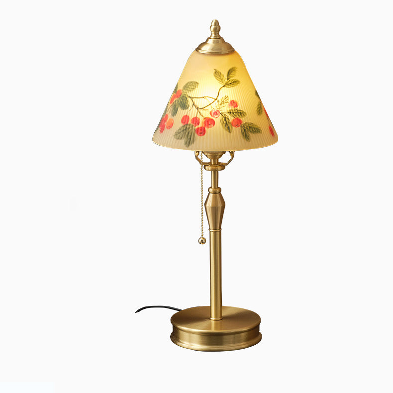 Traditional Chinese Brass & Glass Painted Cherry Cone 1-Light Table Lamp For Bedroom