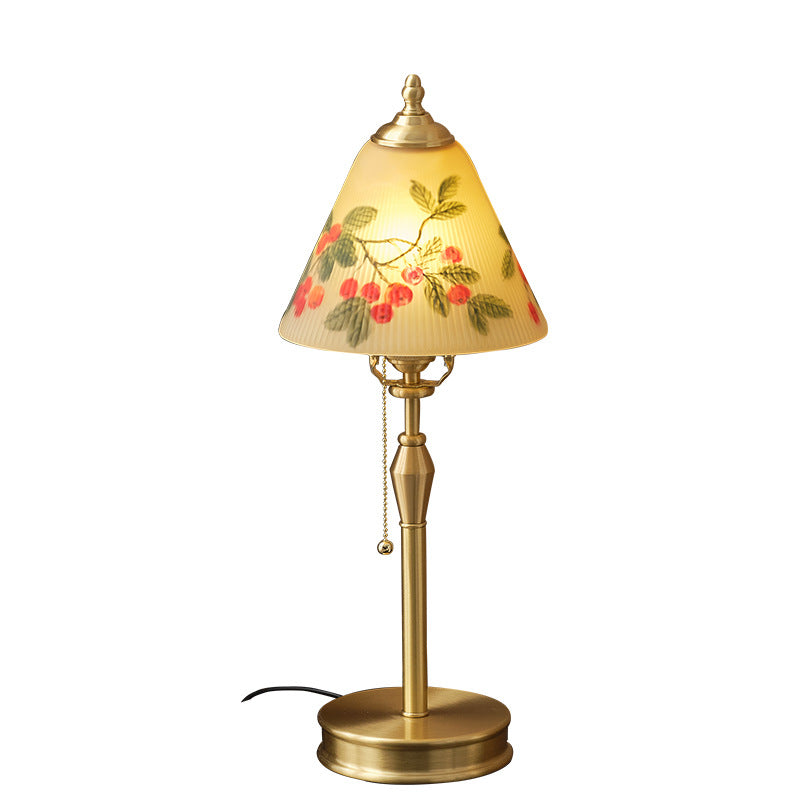 Traditional Chinese Brass & Glass Painted Cherry Cone 1-Light Table Lamp For Bedroom