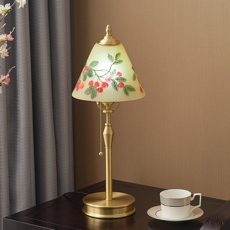 Traditional Chinese Brass & Glass Painted Cherry Cone 1-Light Table Lamp For Bedroom