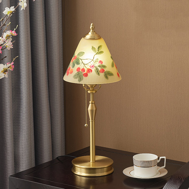 Traditional Chinese Brass & Glass Painted Cherry Cone 1-Light Table Lamp For Bedroom