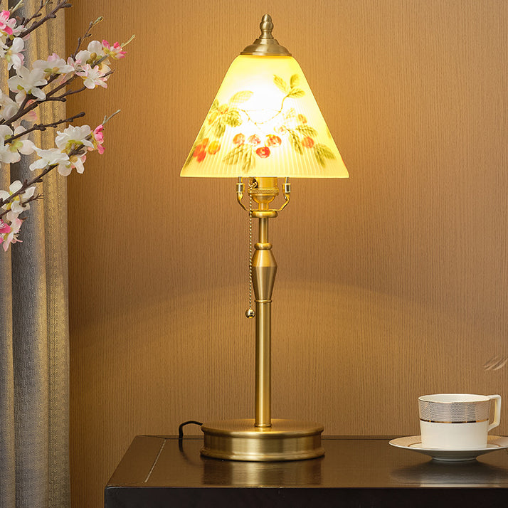 Traditional Chinese Brass & Glass Painted Cherry Cone 1-Light Table Lamp For Bedroom