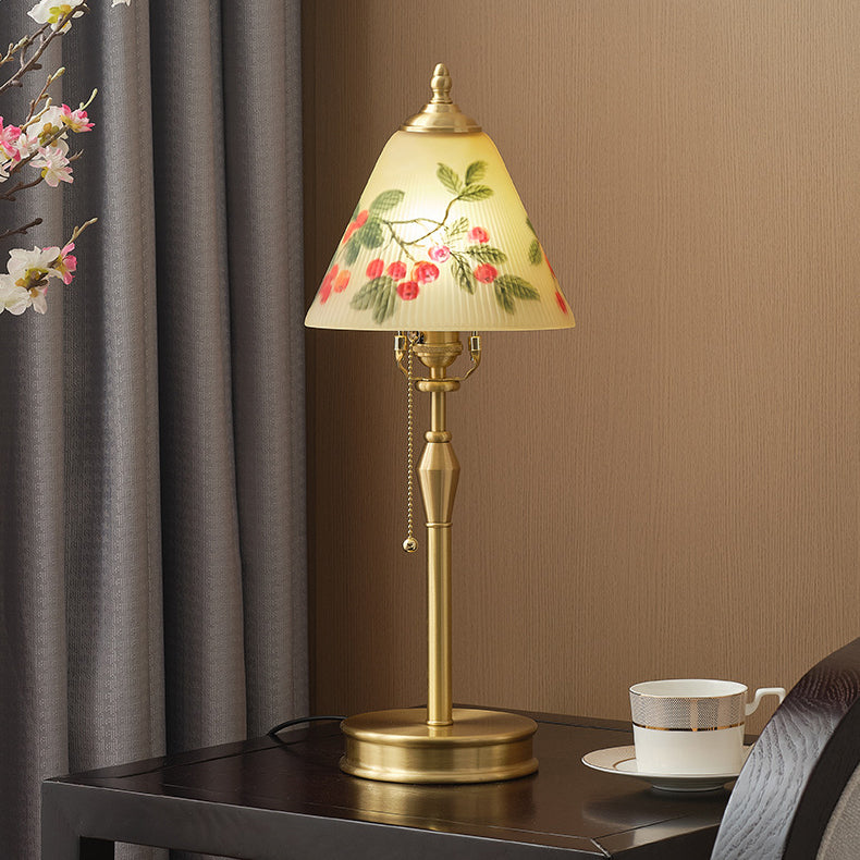 Traditional Chinese Brass & Glass Painted Cherry Cone 1-Light Table Lamp For Bedroom