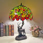 Traditional Tiffany Glass Iron Dome Deer Base Rose Flower 2-Light Table Lamp For Bedroom