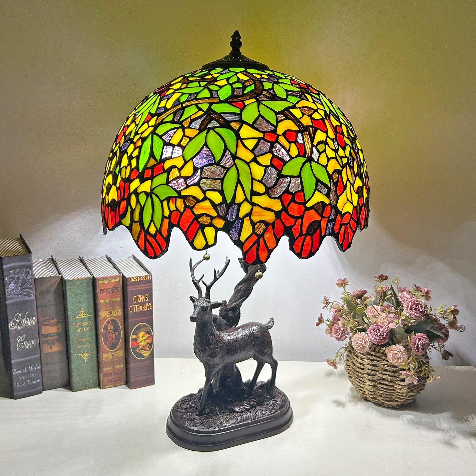 Traditional Tiffany Glass Iron Dome Deer Base Rose Flower 2-Light Table Lamp For Bedroom