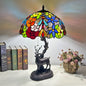 Traditional Tiffany Glass Iron Dome Deer Base Rose Flower 2-Light Table Lamp For Bedroom