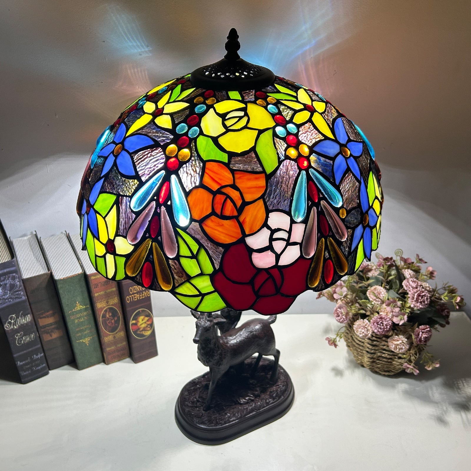 Traditional Tiffany Glass Iron Dome Deer Base Rose Flower 2-Light Table Lamp For Bedroom