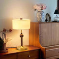 Traditional Japanese Cylindrical Round Iron White Wax Wood Fabric 2-Light Table Lamp For Bedroom