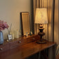 Traditional Vintage Round Solid Wood Base Trapezoidal Floral Fabric Shade 1-Light Table Lamp For Bedroom