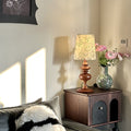Traditional Vintage Round Solid Wood Base Trapezoidal Floral Fabric Shade 1-Light Table Lamp For Bedroom