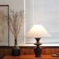 Traditional Vintage Defender Base Trapezoidal Fabric Shade Wood 1-Light Table Lamp For Bedroom