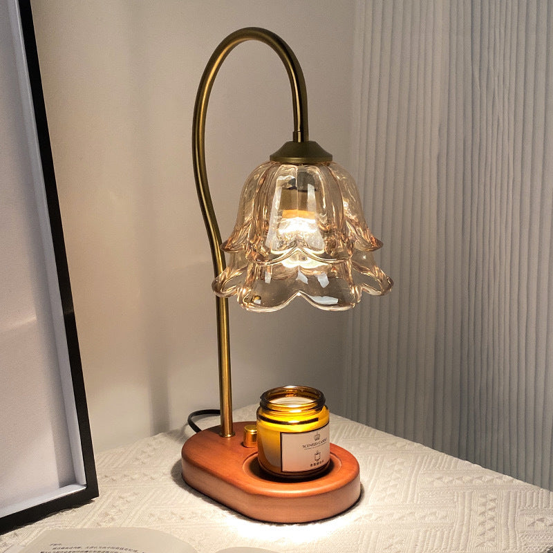 Contemporary Creative Bell Orchid Flower Solid Wood Base Hardware Frame Glass Shade 1-Light Aromatherapy Melting Wax Table Lamp For Bedroom