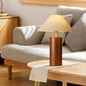 Traditional Japanese Cylindrical Trapezoidal Solid Wood Base Brass Frame Fabric Shade 1-Light Table Lamp For Bedroom